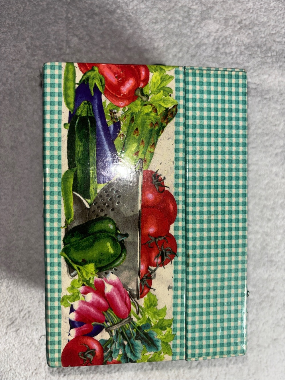 Vintage Green Plaid Recipe Box with Vegetable Illustration